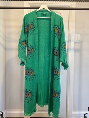 NWOT GREEN  Eye-Embroidered Open Front Robe FREE SIZE
